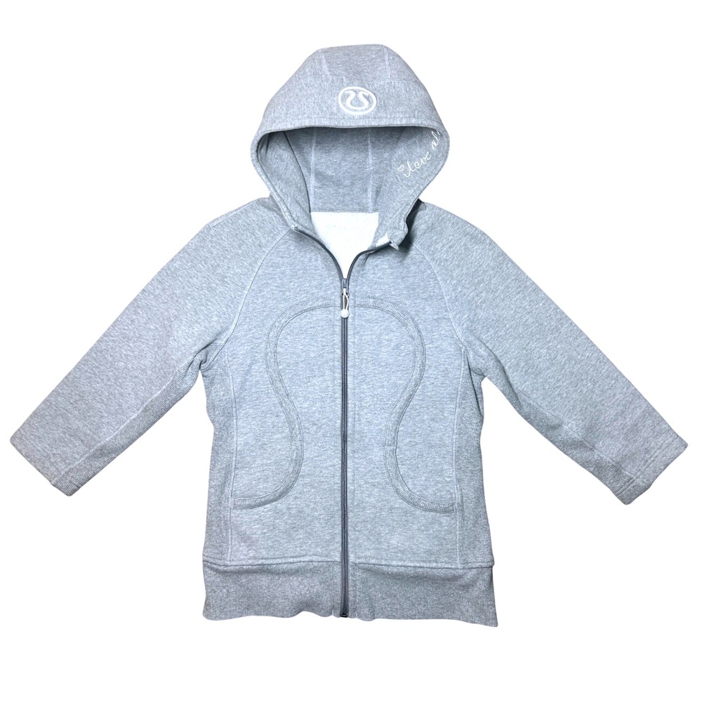 Lululemon Scuba Hoodie 3/4 Sleeve "Love Always" Gray Zip Jacket Size 4 Rare
